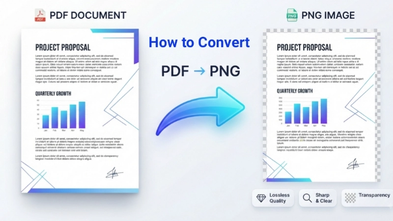 PDF to PNG conversion showing a PDF document transformed into a sharp high quality PNG image