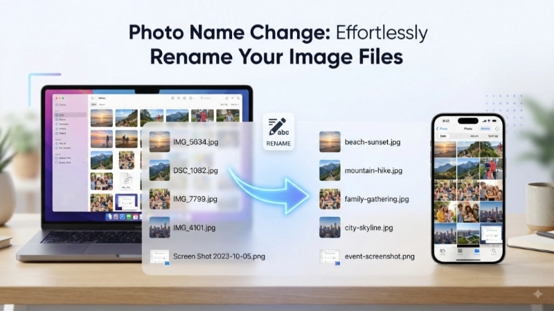 Photo name change guide showing how to rename image files